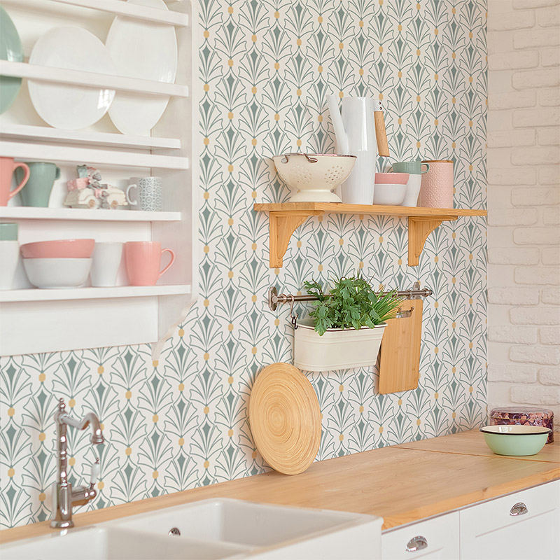 Modern,Kitchen,With,Shelves,,Food,,Spice,And,Dishes.