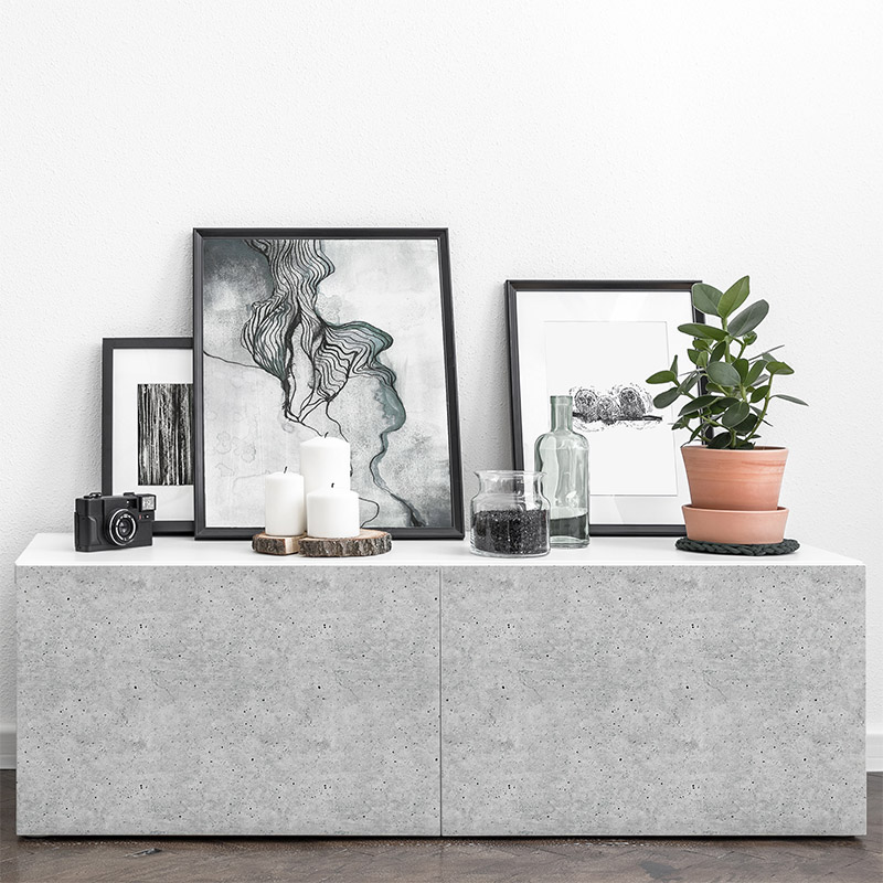 Home,Interior,With,Simple,White,Sideboard,And,Artistic,Decorative,Accessories