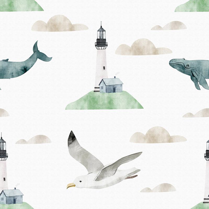Watercolor,Pattern,With,Whale,,Seagull,,Lighthouse,And,Clouds