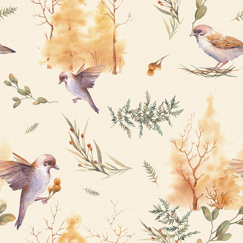 Autumn,Seamless,Pattern,With,Trees,,Birds,And,Plants.,Repeating,Hand