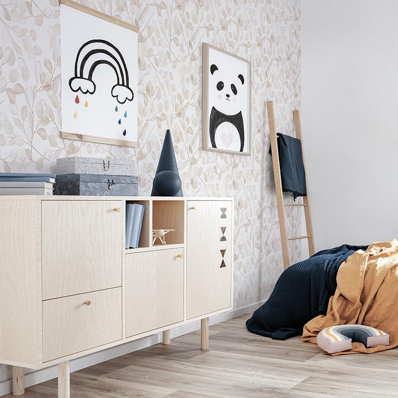 Stylish,Wooden,Commode,In,Bright,Bedroom,Interior,With,Poster,On